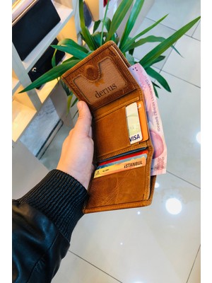 Derius Cross Antik Taba Mıknatıslı Dikey Model Deri Kişiye Özel Isim Baskılı Erkek Cüzdanı