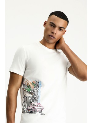 Kiğılı Bisiklet Yaka Baskılı Slim Fit Dar Kesim Pamuklu Tişört