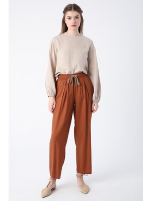 Açık Kahve-Beli Lastikli Geniş Paça Pantolon