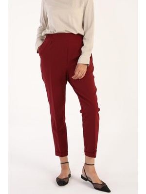 Bordo-Beli Lastikli Havuc Pantolon