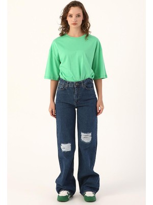 Mavi-Yırtık Detaylı Wide Leg Pantolon