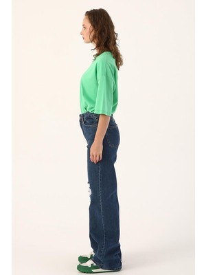 Mavi-Yırtık Detaylı Wide Leg Pantolon