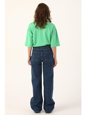 Mavi-Yırtık Detaylı Wide Leg Pantolon