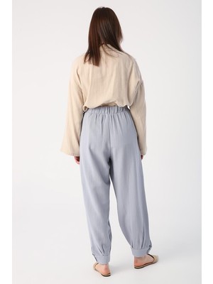 Gri-Pileli Paça Apoletli Keten Pantolon