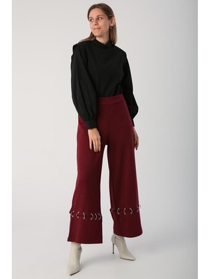 Bordo-Metal Halkalı Bol Paça Pantolon