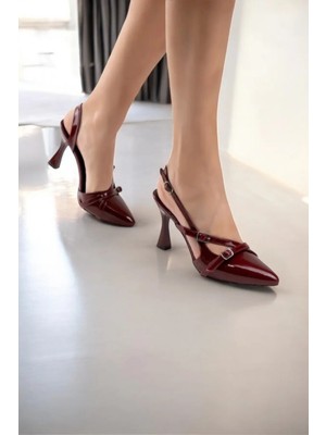 Bordo Rugan Kemer Detay Bilek Bağlı Kadın Topuklu Ayakkabı