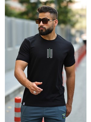 Erkek Yazı Baskılı 0 Yaka Standart Kalıp T-Shirt Siyah