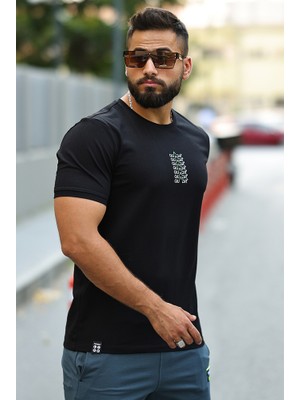 Erkek Yazı Baskılı 0 Yaka Standart Kalıp T-Shirt Siyah