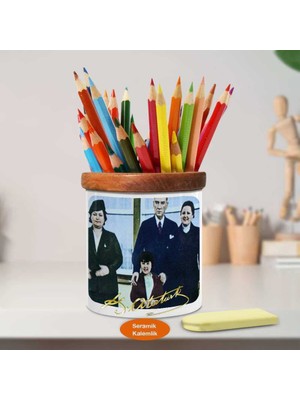 Asilmeydan Manevi Kızı Ülkü ve Kemal Atatürk Ahşap Seramik Kalemlik-A(12)