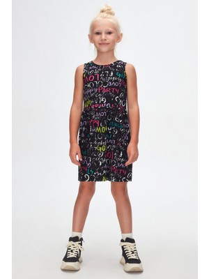 Siyah Glasgow Desen Kız Çocuk Kolsuz Elbise