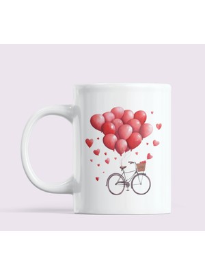 Nino Store Kalp Balon Bisiklet Sevgililer Günü Aşk Temalı Hediyelik Baskılı Kupa Bardak