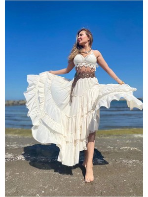 Bohem Stil Özel Tasarım Ham Keten Kadın Etnik Model Astarlı  Carmen Etek