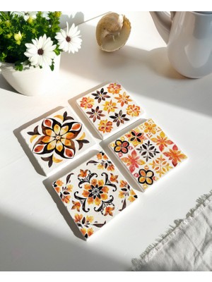 Çiçek Desenli Doğal Taş Bardak Altlığı - 4'lü Set