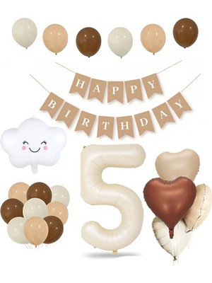 5 Yaş Retro Doğum Günü Seti; Krem Rakam Folyo, Banner, Kalp Folyo ve Lateks Balon