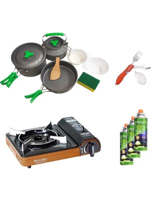 Orcamp Tekli Portatif Ocak Turuncu+3 Parça Tencere Seti+Çatal Kaşık Bıçak Kırmızı+3 Adet Kartuş ORC-012-F1