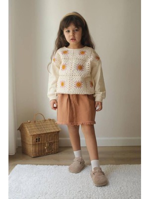 Miniğimin Cicileri Örme Detaylı Sweat Gabardin Püsküllü Etek Kız çocuk takım - Kahverengi