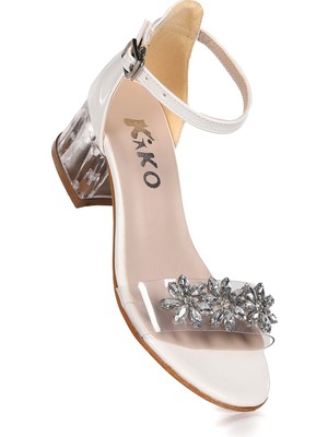 Kiko Kids Kız Çocuk 3 cm Şeffaf Topuklu Sandalet Abiye Ayakkabı Beyaz Taşlı Rugan Malzeme