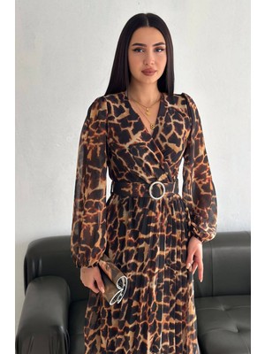 Neşeli Butik Kadın Kemerli Pilise Detaylı Leopar Şifon Elbise NBK30291