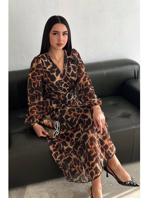 Neşeli Butik Kadın Kemerli Pilise Detaylı Leopar Şifon Elbise NBK30291