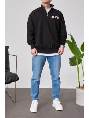 Nyc Yakası Fermuarlı Siyah Sweatshirt