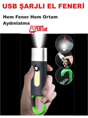 Flyonlook USB ŞARJLI EL FENERİ HEM FENER HEM ORTAM AYDINLATMA KANCALI FLAŞÖR KAMP , CEP , KAMP ÇANTASI ,LAMBA