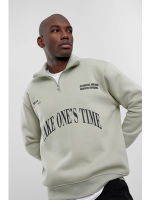 Mint Yeşili Take One's Time Yazılı Yarım Fermuarlı Sweatshirt