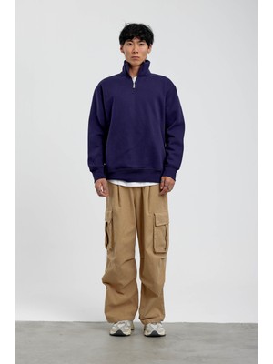 Nomarc Lacivert Yakası Fermuarlı Basic Şardonlu Sweatshirt