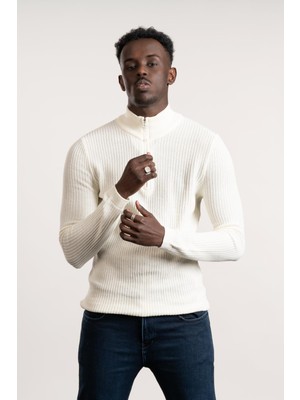 Fbı Fermuarlı Balıkçı Kendinden Çizgili Örgülü Likralı Slimfit Triko Kazak