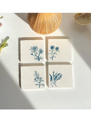 Minimal Botanik Desenli Doğal Taş Bardak Altlığı - 4'lü Set