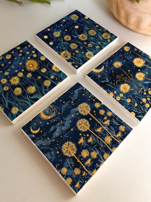 Gece ve Doğa Temalı Doğal Taş Bardak Altlığı - 4'lü Set