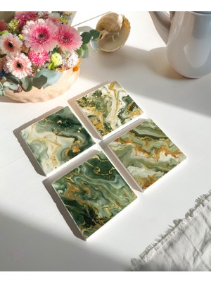 Yeşil Mermer Desenli Doğal Taş Bardak Altlığı - 4'lü Set