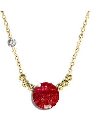  Pirlanta 14 Ayar Altin Dorikalı Yakut Renkli Yuvarlak Taşlı Kolye