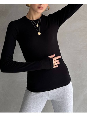 Kadın Pamuklu Penye Body Parmak Arası Geçme Badi Uzun Kollu Badi Oys