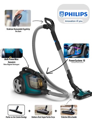 Philips Turbo Fırçalı- Yüksek Çekim Gücü ve Kalite, Akıllı Açılma/kapanma Özellikli +Led Başlık Torbasız Süpürge-Hediye Avantajlı Ürün