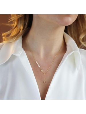 Necati Gün Inci Detaylı Sallantılı Kutup Yıldızı Gold Kaplama Gümüş Kolye