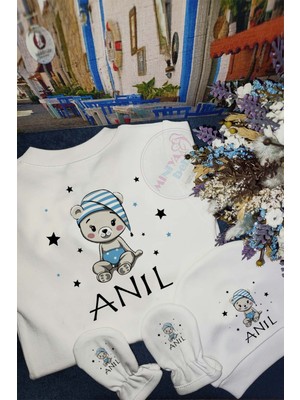 Miniya Bebe Miniya Bebeiyi Geceler Ayıcık Desenli Isme Özel 3lü Tulum Set