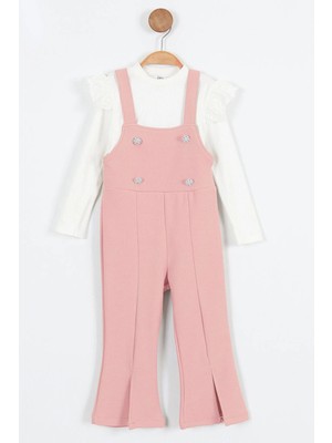 Miniğimin Cicileri Askılı Taş Düğme Detaylı Tulum ve Fırfırlı Beyaz Bluz kız çocuk takım - Pembe
