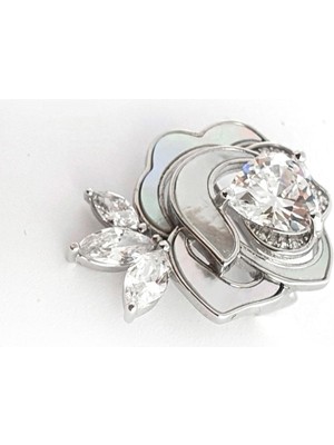 Sedef Taşlı Pırlanta Parlaklığında Zirkon Taşlı Gül Figürlü Yaka Iğnesi Broş Özel Seri