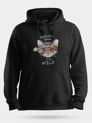 Nirvoda Kedi ve Kaplan Evrimi Siyah Baskılı Unisex Kapüşonlu Sweatshirt