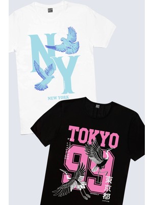 Rock&Roll Ny Güvercinleri Beyaz, Tokyo 99 Siyah Erkek Tişört 2'li Eko Paket
