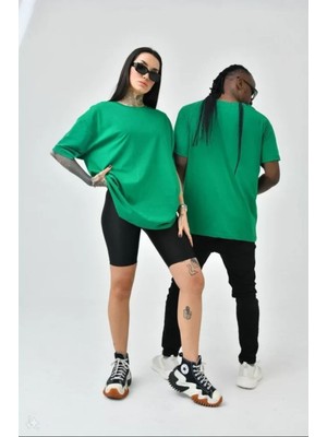 Unisex Basic Bisiklet Yaka Oversize T-Shirt - Yeşil