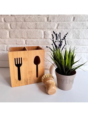 Yeninesilevim 2 Bölümlü Gözlü Ahşap Bambu Çatal Kaşıklık Organizer Tezgah Üstü Düzenleyici 10*16*16 cm