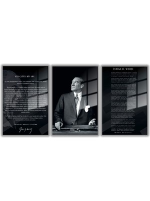 Gaagart Temperli Gerçek Cam Tablo Seti Siyah Beyaz Atatürk Istiklal Marşı ve Gençliğe Hitabe