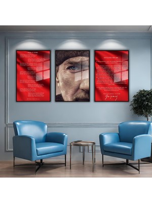 Gaagart 3'lü Metal Çerçeveli Cam Tablo Seti Yakın Açı Atatürk Istiklal Marşı ve Gençliğe Hitabe