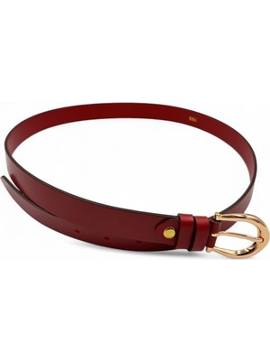 Renlos Hakiki Deri Kırmızı Kadın Kemer, Altın Toka Detayıyla Ince ve Şık