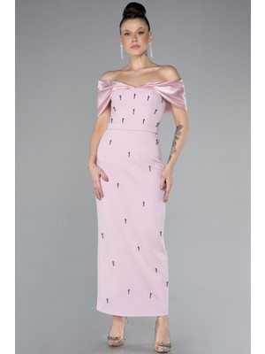 Kayık Yaka Taşlı Midi Davet Elbisesi ABK2212