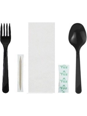 Yorulmaz Ambalaj 50 Adet Tekli Ambalajlı Siyah Plastik Lüks Kullan At Kaşık, Çatal, Peçete, Kürdan, Tuz 5 Li Yemek Seti
