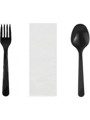 50 Adet Tekli Ambalajlı Siyah Plastik Lüks Kullan At Kaşık, Çatal, Peçete, 3 Lü Yemek Seti