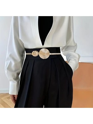 Çift Halkalı Toka  Zarif Kadın Gold Kaplamalı Esneyen Metal Kemer