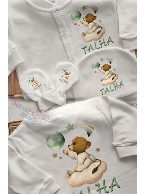 Miniya Bebe Gökyüzü Galaksi Desenli Isim Baskılı Unisex 3lü Tulum Set